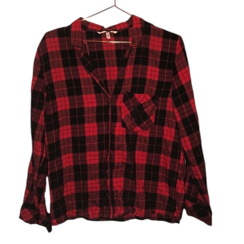 Victoria Secret Small Pajama Top Red Black Plaid Embroidered Chest Pocket
